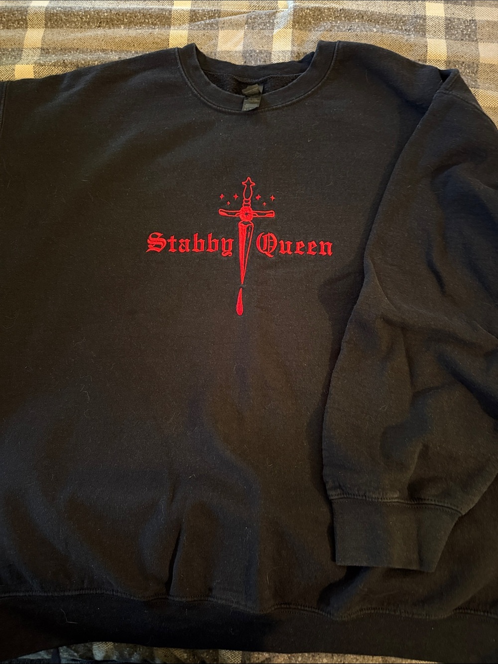 Black Sweatshirt with Red 'Stabby Queen' Dagger Embroidered Graphic
